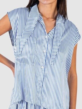 Wyatt Top Sea Stripe Sleeveless Tie-Neck Button-Down Stripe Blouse Blue White